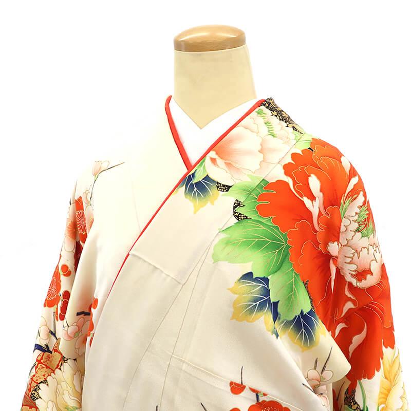 中古 振袖 長襦袢付き 2点セット 正絹 成人式 白ベージュ 梅 身丈163cm 