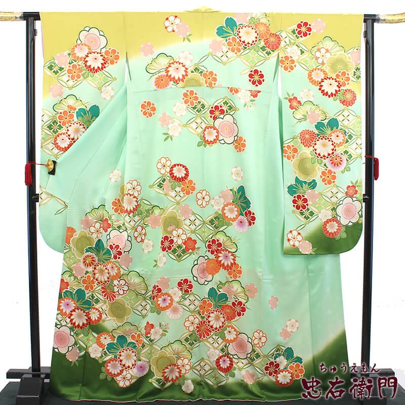 中古 振袖 振り袖 成人式 販売 単品 正絹 緑 黄緑 七宝 梅 花 身丈 