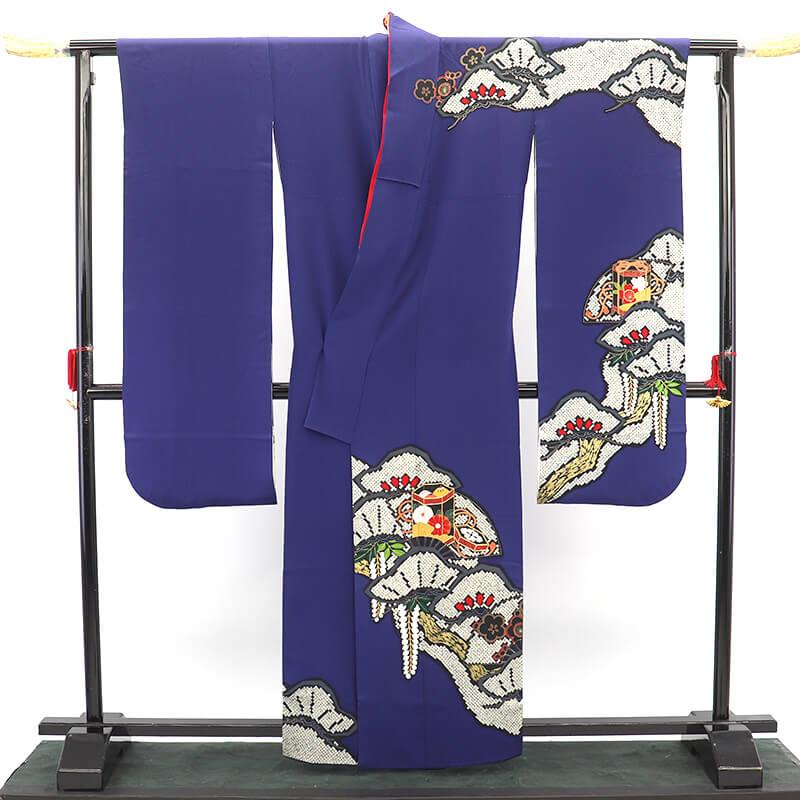 中古 振袖 正絹 成人式 結婚式 購入 振袖単品 送料無料 紺青 絞り使い