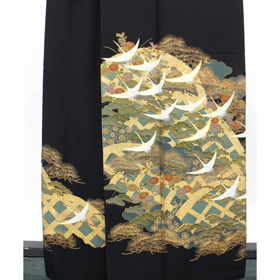 黒留袖 鶴 松 金 刺繍 正絹（黒留袖 中古 レディース 正絹 黒 金 鶴 松 
