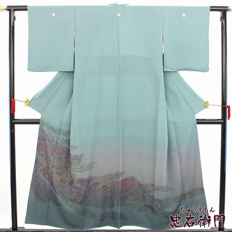 色留袖 訪問着仕立て 3ツ紋 レディース 正絹 グレー 水色 紫 刺繍 身丈 