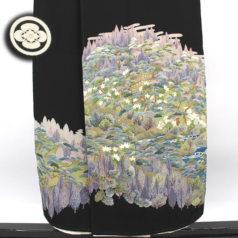 ◇黒留袖◇相良刺繡 金彩加工 四季花 正絹/橘紋 中古 黒留袖 留袖 と