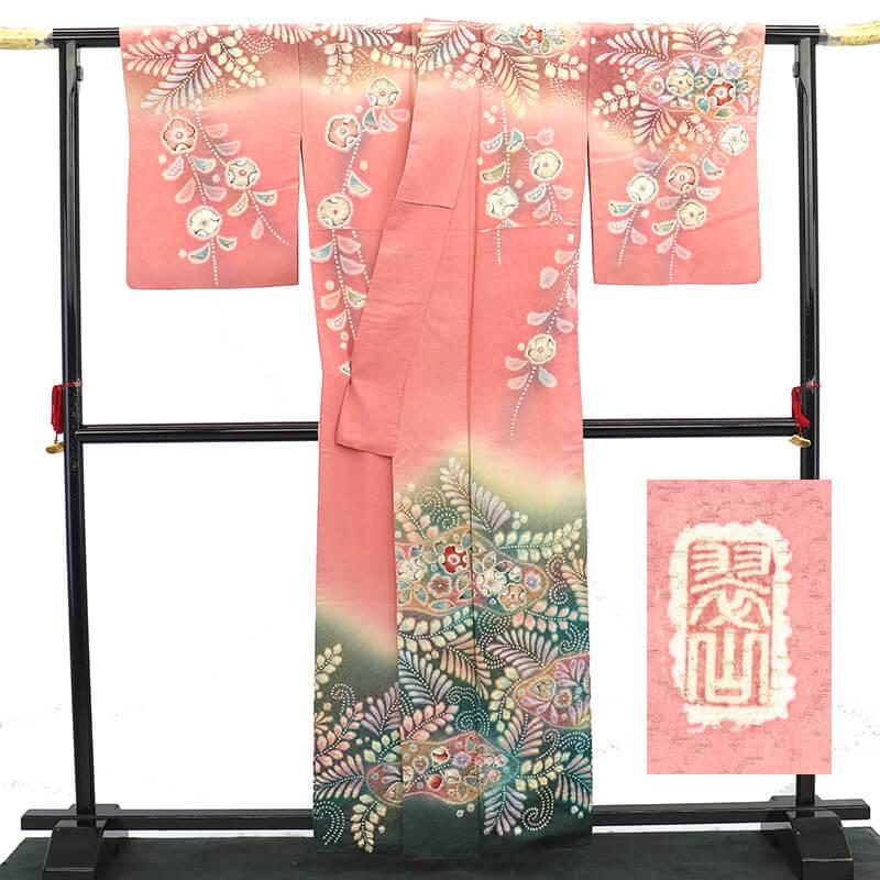 中古 訪問着 長襦袢付き 2点セット 袷 レディース 正絹 ピンク 辻が花