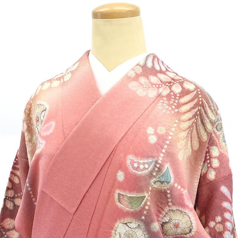 中古 訪問着 長襦袢付き 2点セット 袷 レディース 正絹 ピンク 辻が花 
