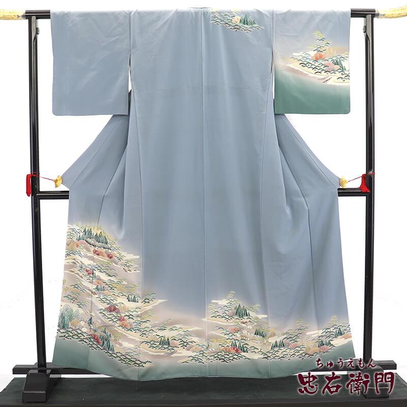 中古 訪問着 袷 レディース 正絹 灰青 風景柄 身丈163cm 裄丈65cm 
