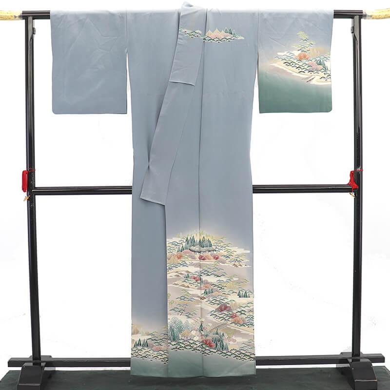 中古 訪問着 袷 レディース 正絹 灰青 風景柄 身丈163cm 裄丈65cm 