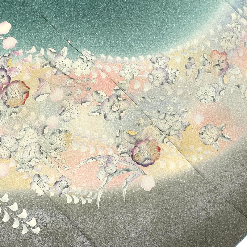 中古 訪問着 袷 レディース 正絹 緑 辻が花 たたき染め風 身丈162.5cm