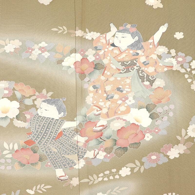 中古 訪問着 レディース 正絹 芥子 手描き友禅 童子柄 身丈151.5cm 裄 