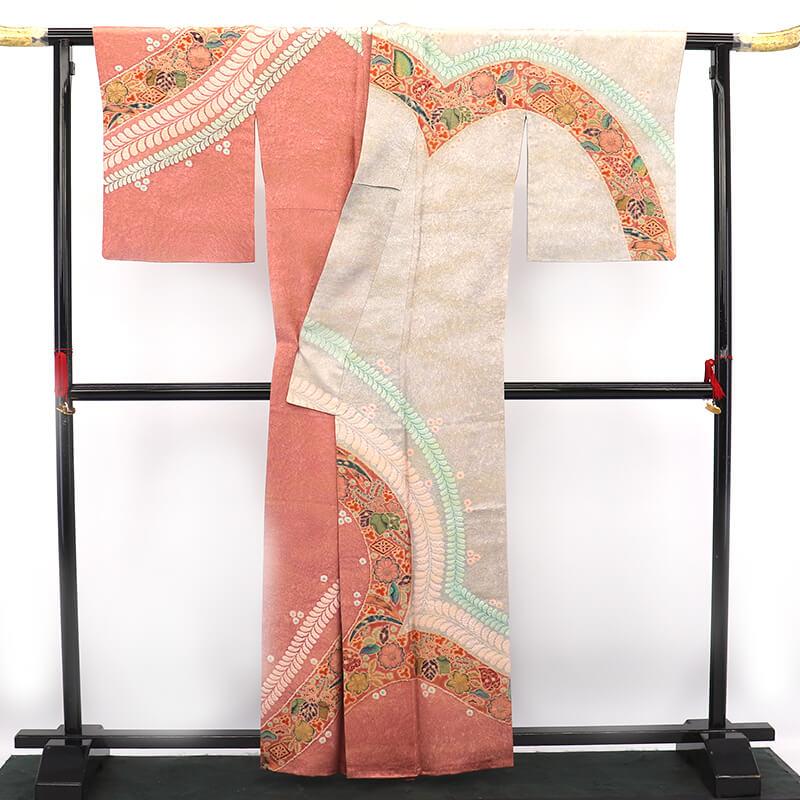 中古 訪問着 落款 作家物 袷 レディース 正絹 ピンク 辻が花
