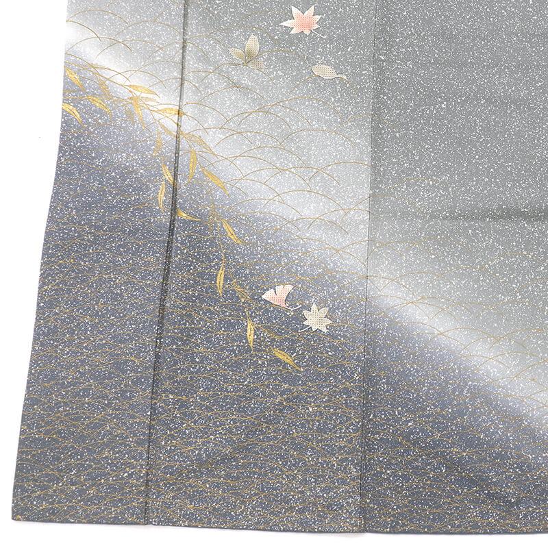 中古 付下げ 付け下げ レディース 正絹 灰 たたき染め 金彩 汕頭刺繍 
