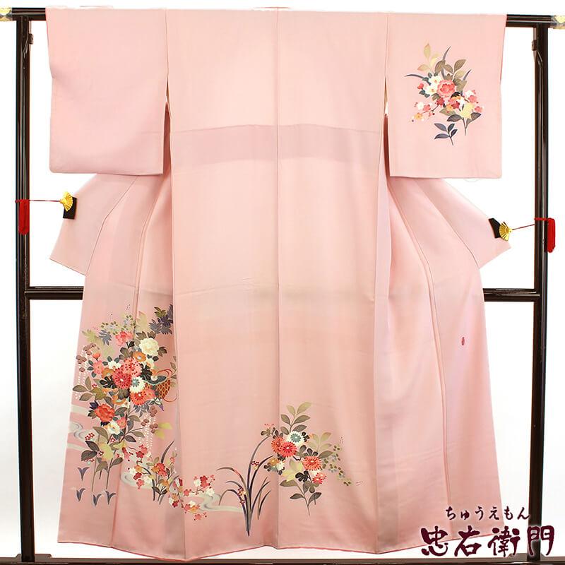 中古 付下げ 友禅 レディース 正絹 ピンク 花柄 身丈155.5cm 裄丈64cm 