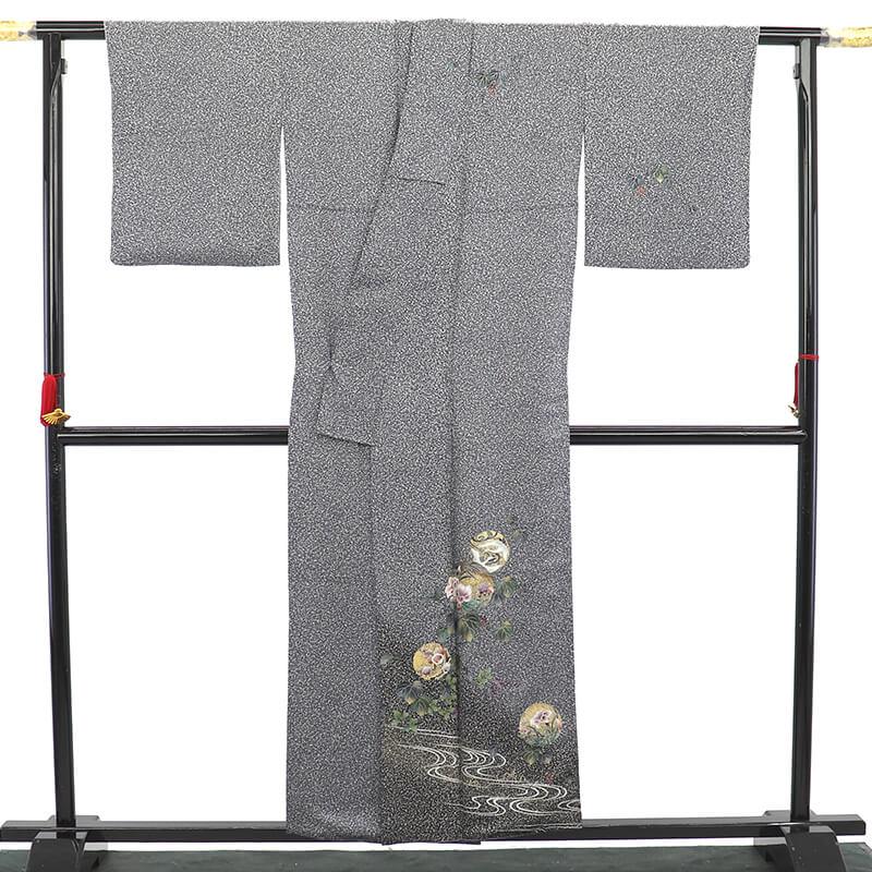 中古 付下げ 付け下げ レディース 正絹 灰黒 たたき染め 花の丸文 鶴