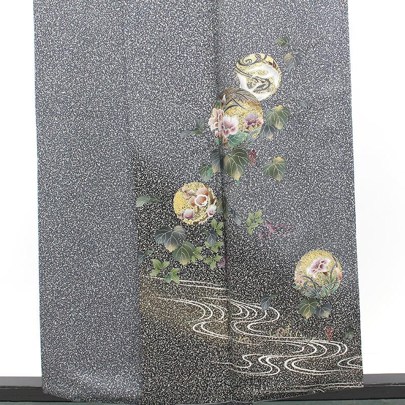 中古 付下げ 付け下げ レディース 正絹 灰黒 たたき染め 花の丸文 鶴