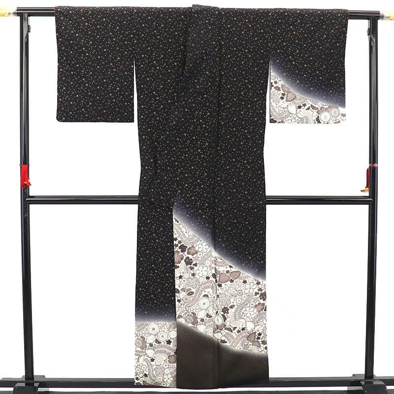 中古 付下げ 袷 正絹 黒 桜 辻が花 身丈159cm 裄丈64cm フォーマル Mサイズ相当 リサイクル着物_1