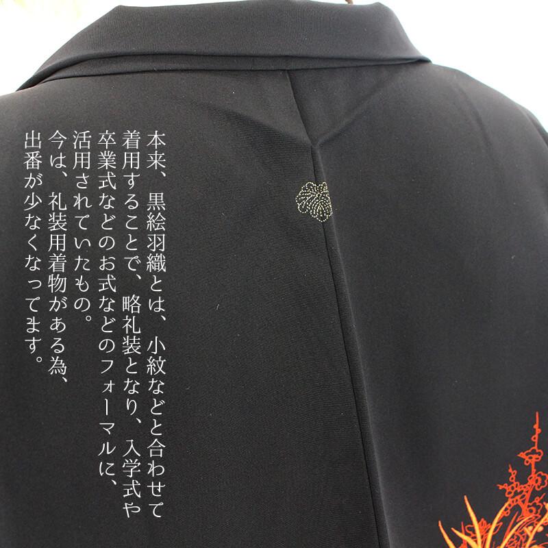 中古 羽織 黒 絵羽織 1ツ紋 レディース 正絹 朱 花車 身丈80.5cm 裄丈
