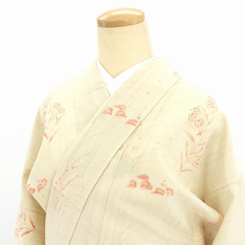 中古 単衣着物 染紬 付下げ レディース 正絹 白ベージュ 朱 草木柄 