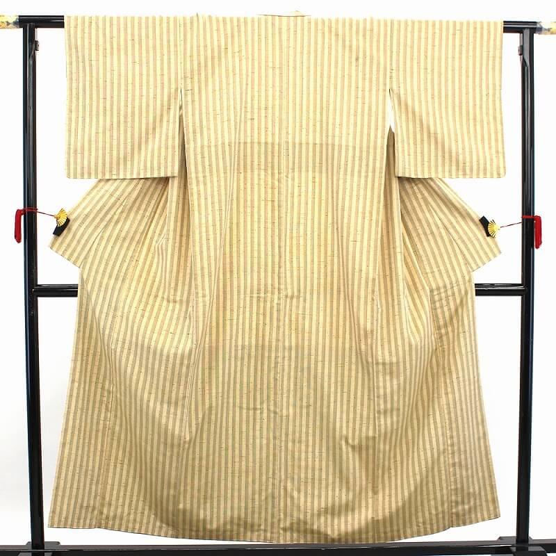 中古 紬 ぜんまい紬 レディース 正絹 ベージュ 縦縞 身丈159cm