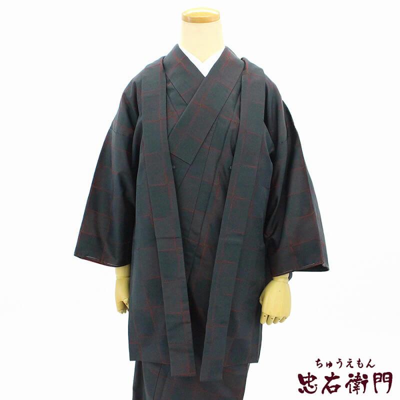 中古 紬 アンサンブル 着物 羽織 レディース 正絹 緑 赤 格子 身丈 