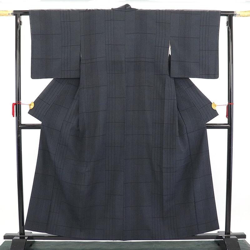 中古 紬 紬着物 青山みとも 塩沢風 レディース 正絹 紺 身丈