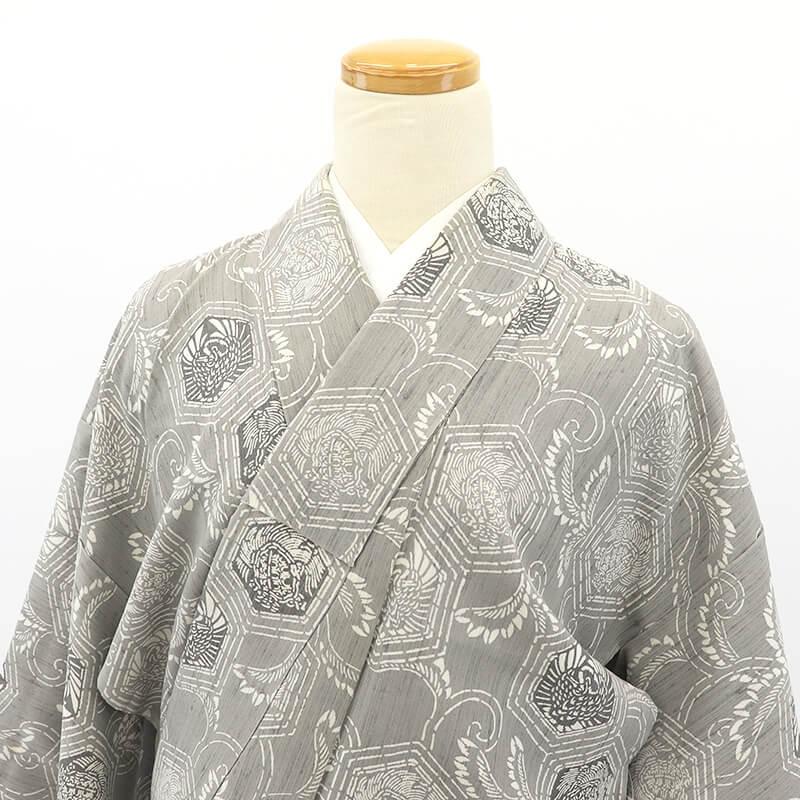 中古 染紬 紬 つむぎ着物 レディース 正絹 グレー 亀甲 鶴 亀 上品 身丈159.5cm 裄丈66cm 仕立て上がり着物