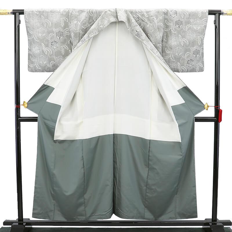 中古 染紬 紬 つむぎ着物 レディース 正絹 グレー 亀甲 鶴 亀 上品 身丈159.5cm 裄丈66cm 仕立て上がり着物