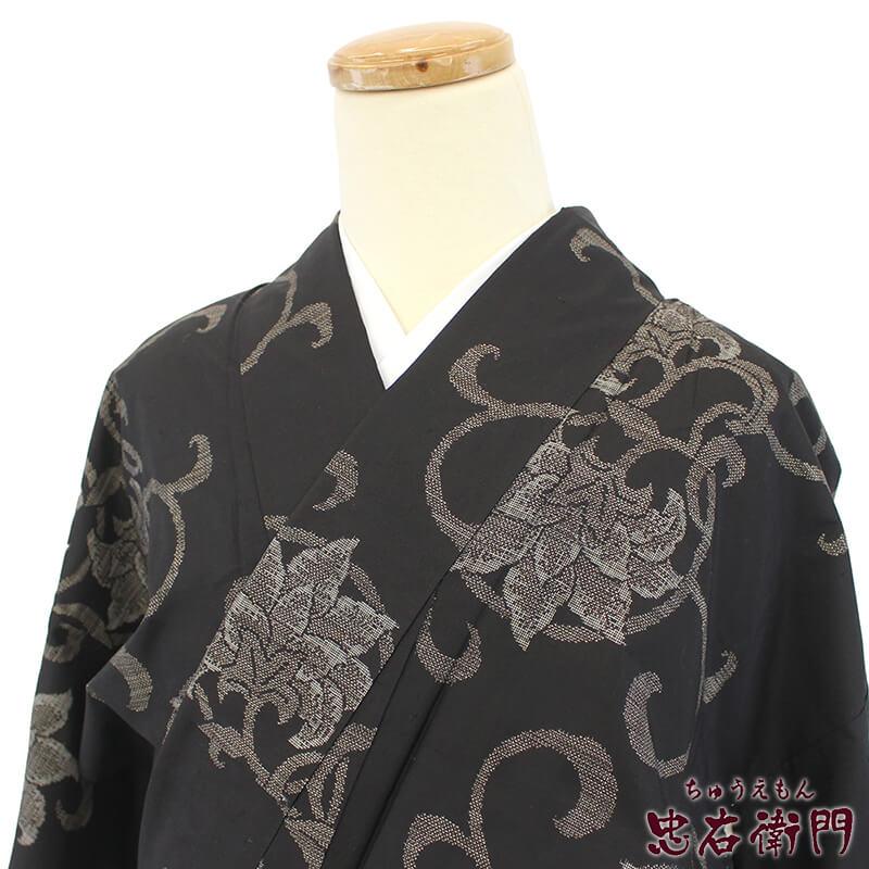 小紋　美品　落ち着いた濃いグレー　唐花　正絹　162cm ゆったりサイズ 小紋美品落ち着いた濃いグレー唐花正絹162cm ゆったりサイズ
