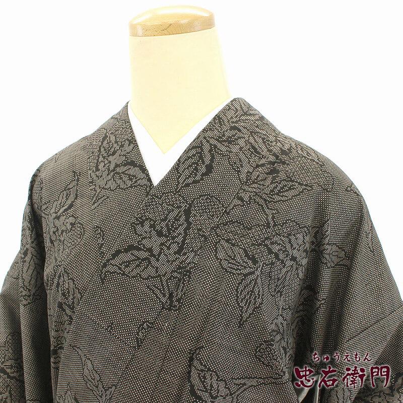 大島紬 着物 中古 レディース 正絹 ブラウン 葉柄 小粋 身丈160cm 裄丈 