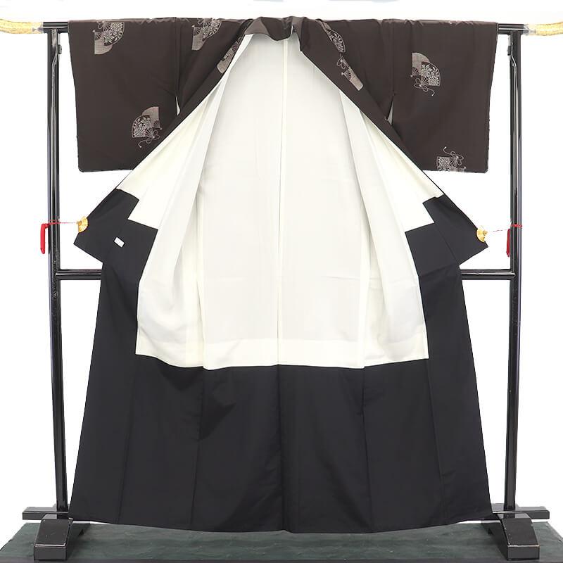 中古 本場大島紬 証紙付き レディース 正絹 黒茶 扇 身丈166cm 裄丈