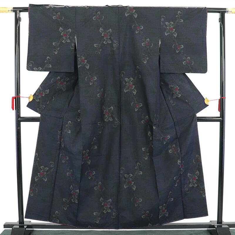 中古 大島紬 レディース 正絹 紺 横双 花柄 身丈162cm 裄丈63.5