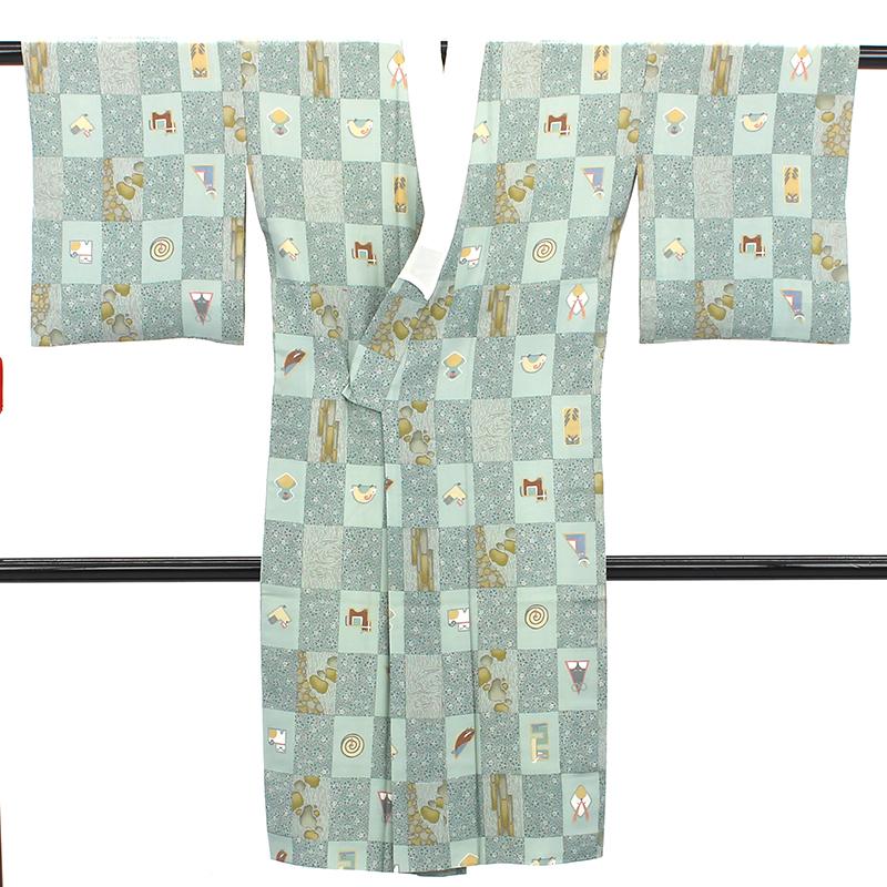 中古 長襦袢 襦袢 レディース 正絹 緑 市松 干支 身丈125cm 裄丈64.5cm 