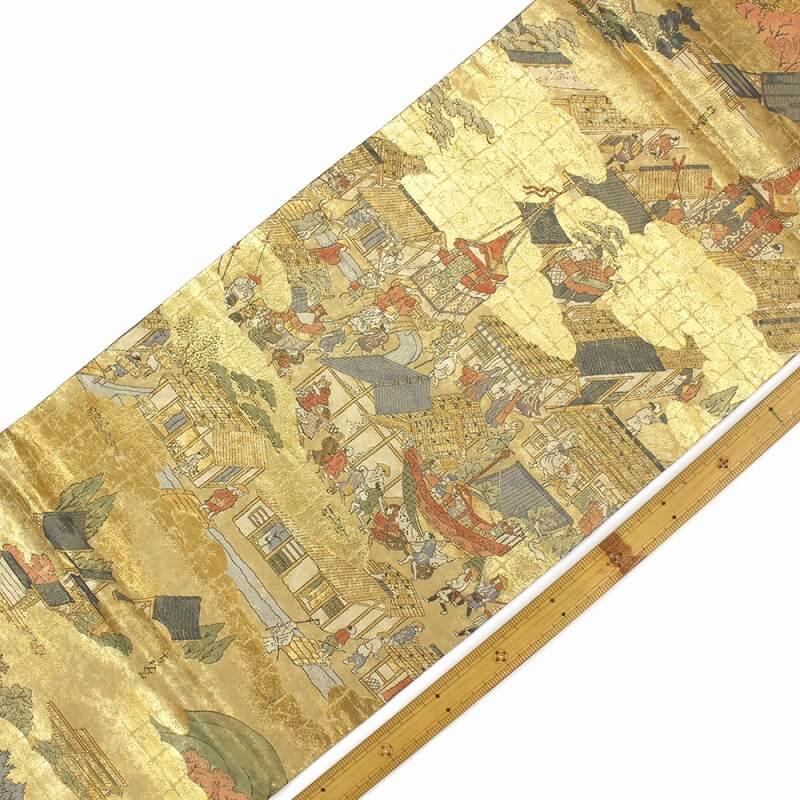 中古 丸帯 リサイクル 正絹 両面 全通 仕立上がり 礼装 フォーマル レディース ゴールド 洛中洛外図 長さ422cm 送料無料 あすつく対応_1