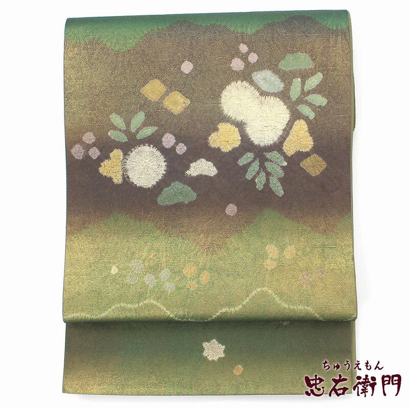 中古 袋帯 ふくろ帯 牛首紬 箱付き 白山工房 リサイクル 正絹 緑
