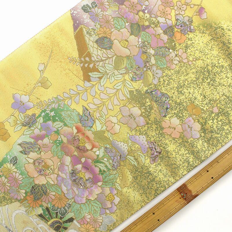 中古 袋帯 ふくろ帯 螺鈿 箱付き リサイクル レディース 正絹 ベージュ ゴールド 花 豪華 長さ449cm 幅30.5cm_1