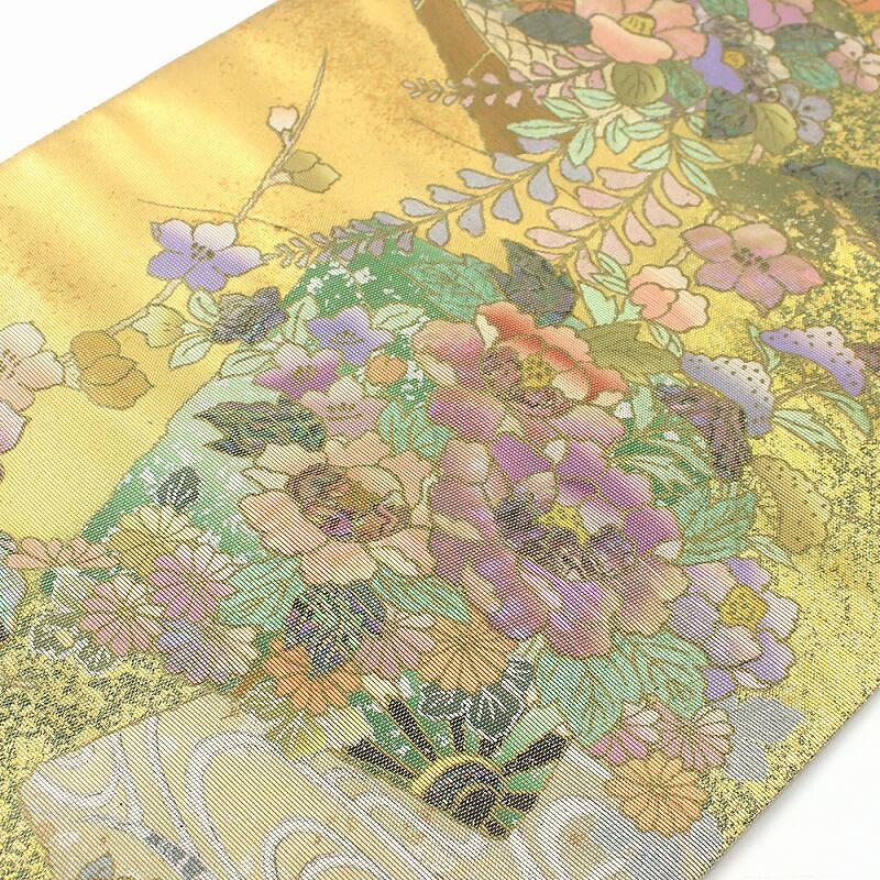 中古 袋帯 ふくろ帯 螺鈿 箱付き リサイクル レディース 正絹 ベージュ ゴールド 花 豪華 長さ449cm 幅30.5cm_2