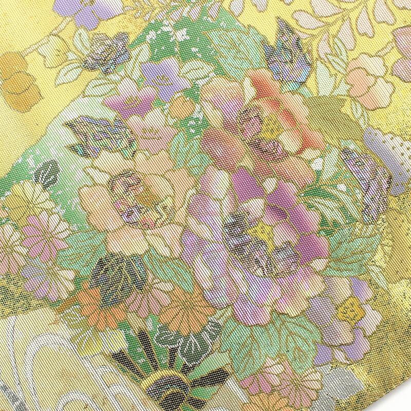 中古 袋帯 ふくろ帯 螺鈿 箱付き リサイクル レディース 正絹 ベージュ ゴールド 花 豪華 長さ449cm 幅30.5cm_3