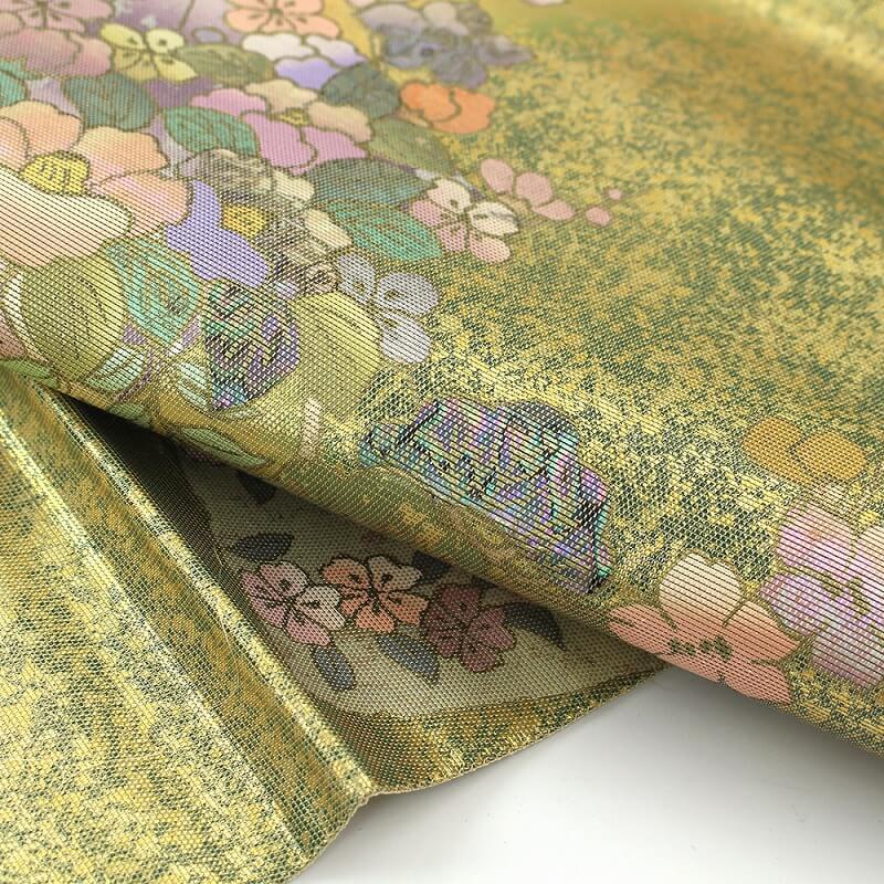 中古 袋帯 ふくろ帯 螺鈿 箱付き リサイクル レディース 正絹 ベージュ ゴールド 花 豪華 長さ449cm 幅30.5cm_4