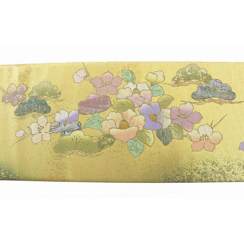 中古 袋帯 ふくろ帯 螺鈿 箱付き リサイクル レディース 正絹 ベージュ ゴールド 花 豪華 長さ449cm 幅30.5cm_5
