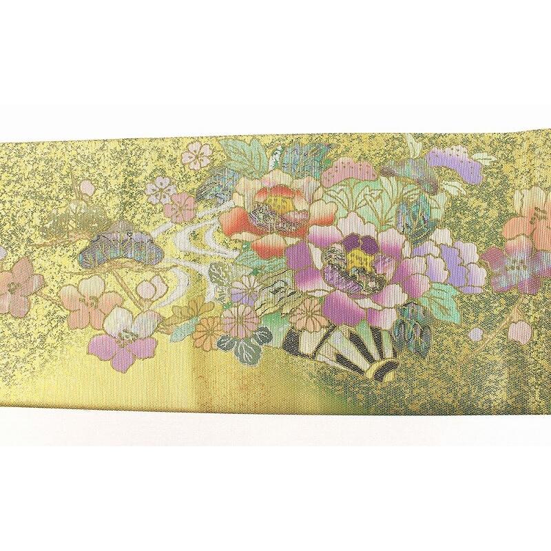 中古 袋帯 ふくろ帯 螺鈿 箱付き リサイクル レディース 正絹 ベージュ ゴールド 花 豪華 長さ449cm 幅30.5cm_6