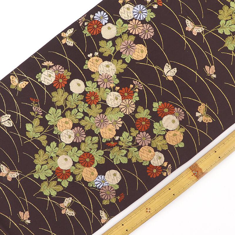 中古 袋帯 化繊 六通柄 こげ茶 牡丹菊 芝柄 蝶々 長さ430cm 幅