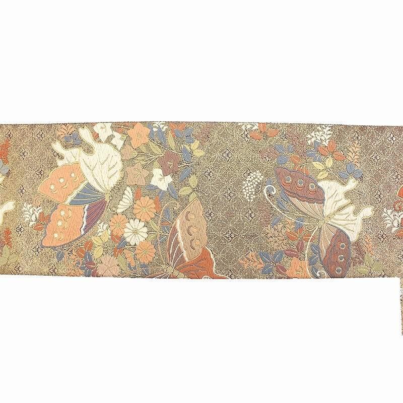 中古 袋帯 唐織 リサイクル 正絹 金 ブラウン 蝶々 長さ445cm 幅30.5cm 仕立て上がり帯 フォーマルリサイクル帯