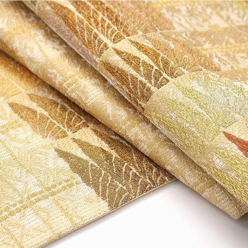 中古 袋帯 リサイクル レディース 正絹 金 ベージュ 羽根 連続柄 長さ  