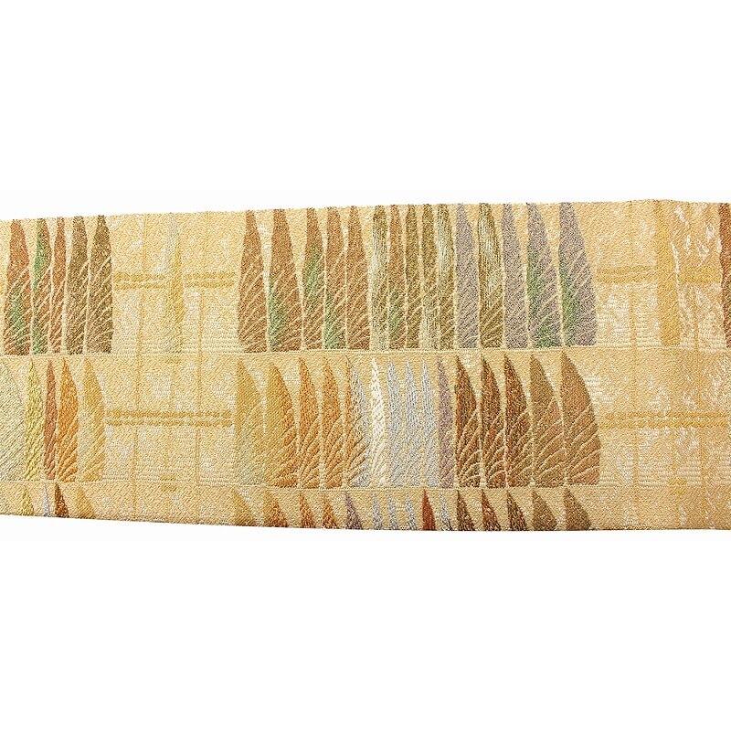 中古 袋帯 リサイクル レディース 正絹 金 ベージュ 羽根 連続柄 長さ  