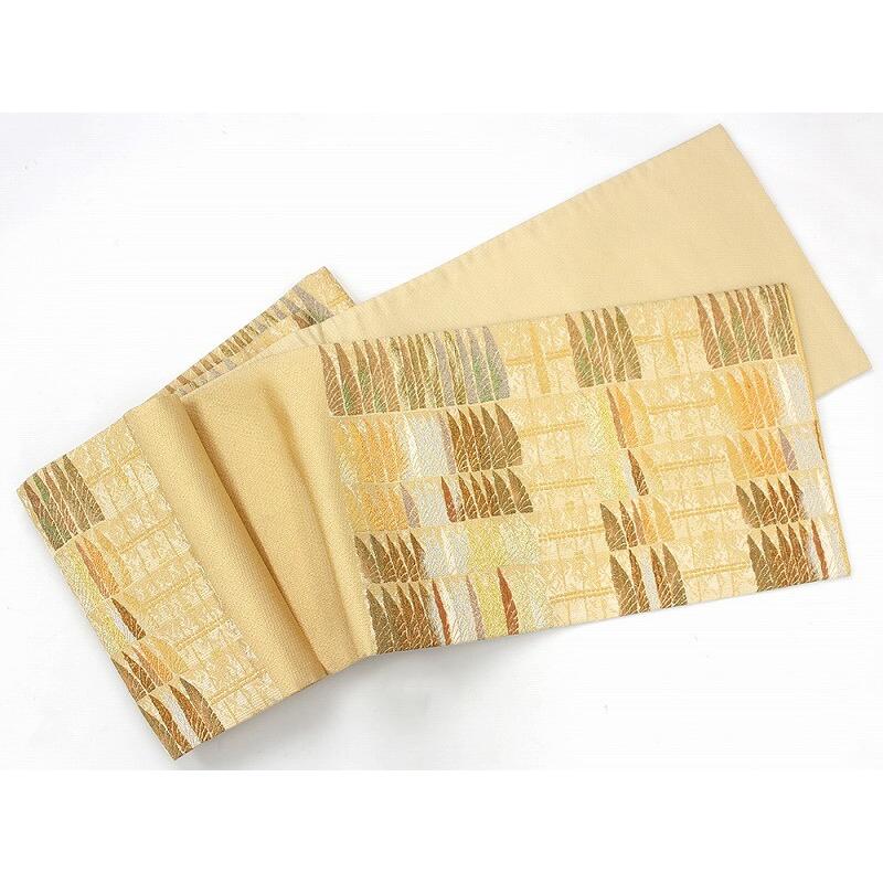 中古 袋帯 リサイクル レディース 正絹 金 ベージュ 羽根 連続柄 長さ  