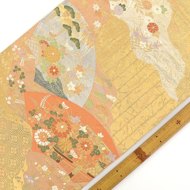 中古 袋帯 ふくろ帯 リサイクル レディース 正絹 服部織物 金 地紙 秋草 長さ423cm 幅31cm 仕立て上がり帯 リサイクル帯 送料無料 即日発送