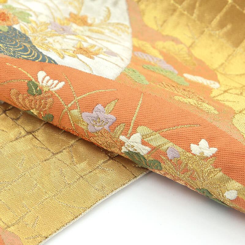 中古 袋帯 ふくろ帯 リサイクル レディース 正絹 服部織物 金 地紙 秋草 長さ423cm 幅31cm 仕立て上がり帯 リサイクル帯 送料無料 即日発送