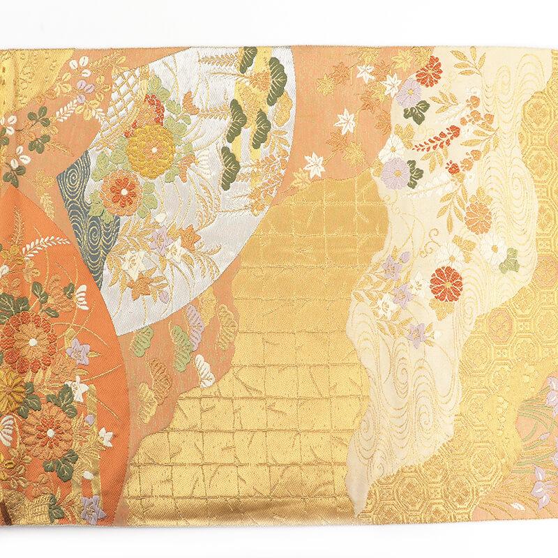 中古 袋帯 ふくろ帯 リサイクル レディース 正絹 服部織物 金 地紙 秋草 長さ423cm 幅31cm 仕立て上がり帯 リサイクル帯 送料無料 即日発送
