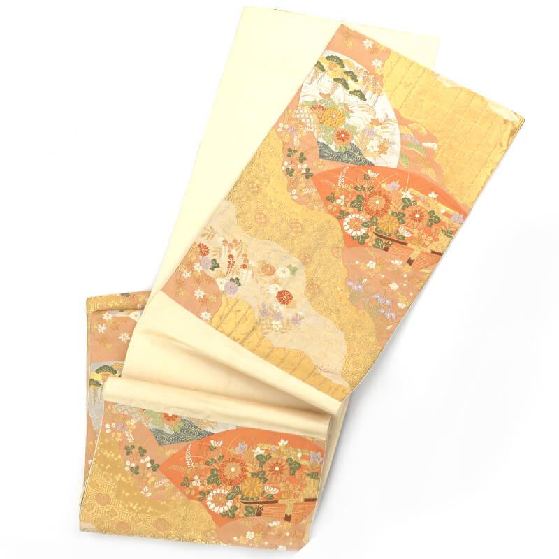中古 袋帯 ふくろ帯 リサイクル レディース 正絹 服部織物 金 地紙 秋草 長さ423cm 幅31cm 仕立て上がり帯 リサイクル帯 送料無料 即日発送