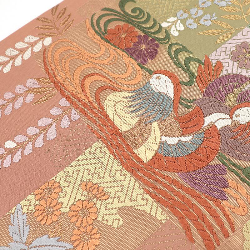 中古 袋帯 正絹 六通柄 灰緑 ベージュ 鴛鴦 菊 桔梗 藤 長さ