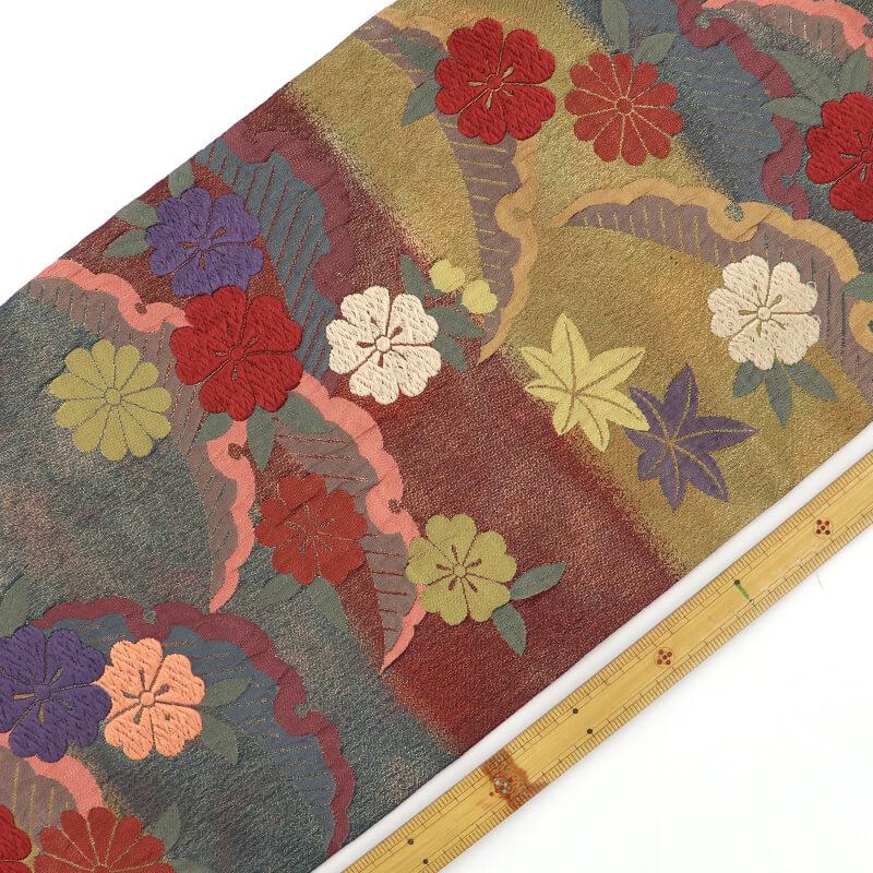 中古 袋帯 唐織 正絹 六通柄 金茶 臙脂 雪輪 花柄 長さ427cm 幅31cm リサイクル 仕立て上がりリサイクル帯 送料無料 即日発送_1