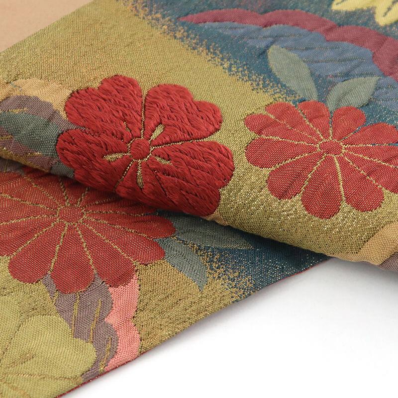 中古 袋帯 唐織 正絹 六通柄 金茶 臙脂 雪輪 花柄 長さ427cm 幅31cm リサイクル 仕立て上がりリサイクル帯 送料無料 即日発送_3